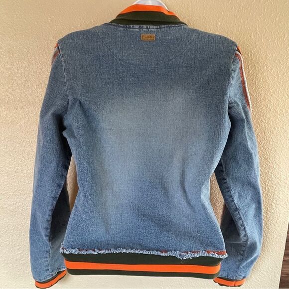 Vintage Fubu Women's Denim Zip Up Jacket with Orange and Green Stripe Accents L - Picture 7 of 16
